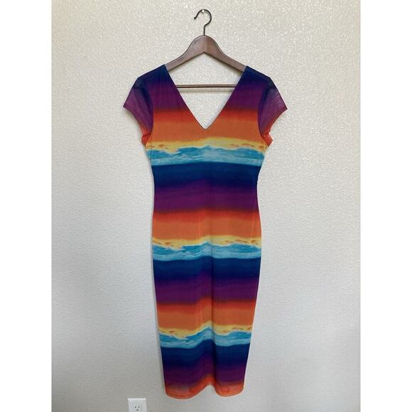 NWT Bold Elements sheer mesh multicolor midi dress size S cap sleeve vneck vacay - Picture 1 of 6